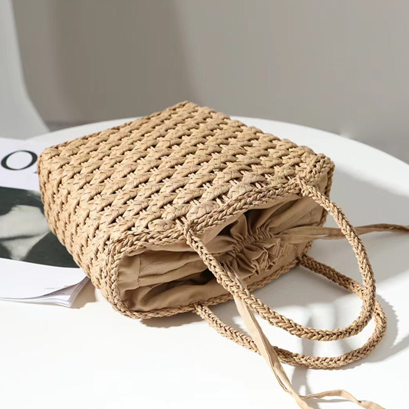 Boho Straw Bag With Drawstring Handle