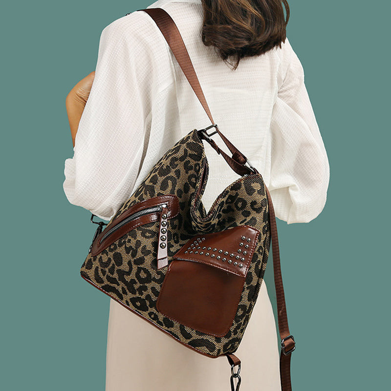 Houndstooth Backpack Women Fashion Rivet Design Leopard Shoulder Bags